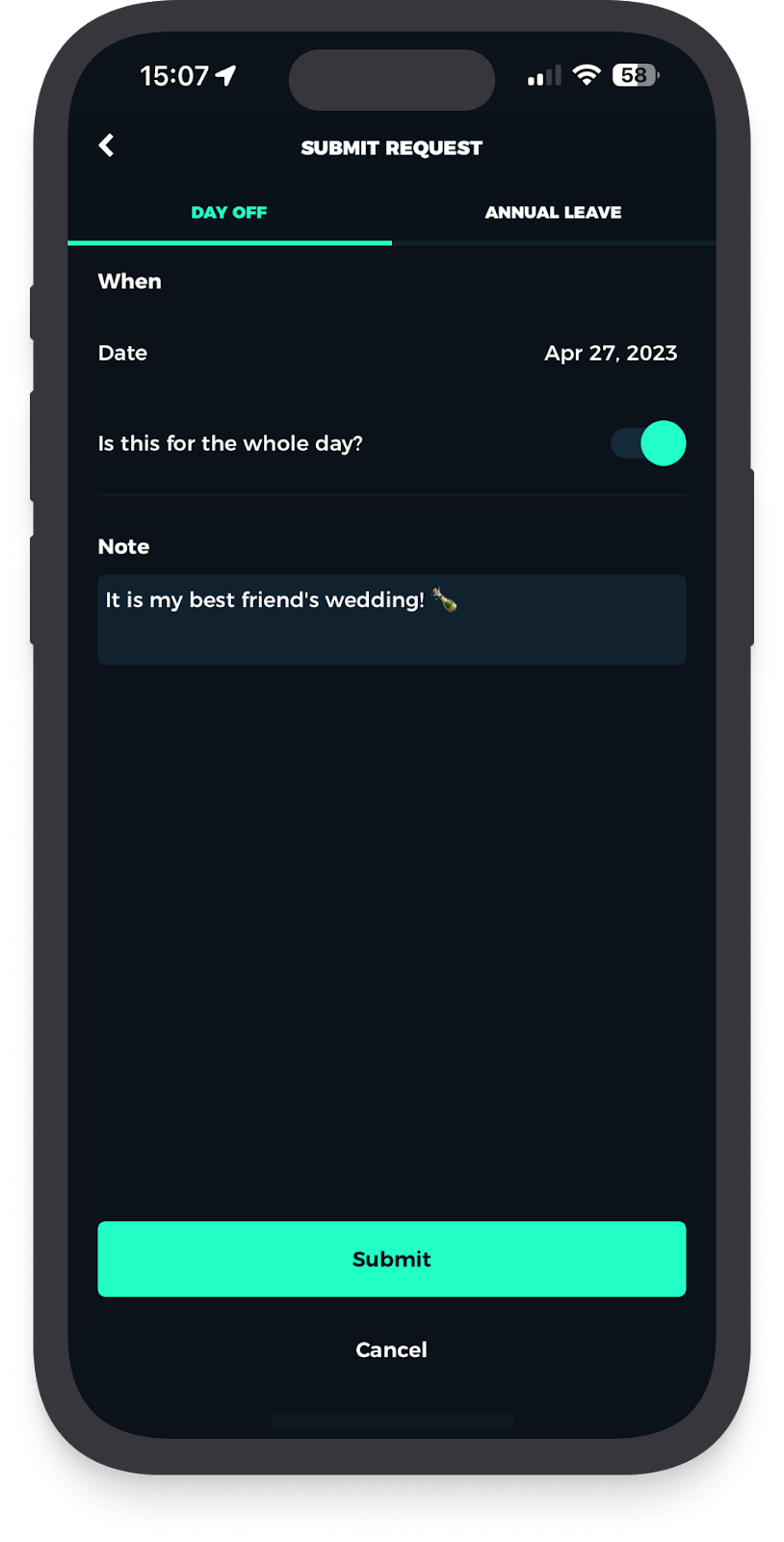 Blend submit request screen