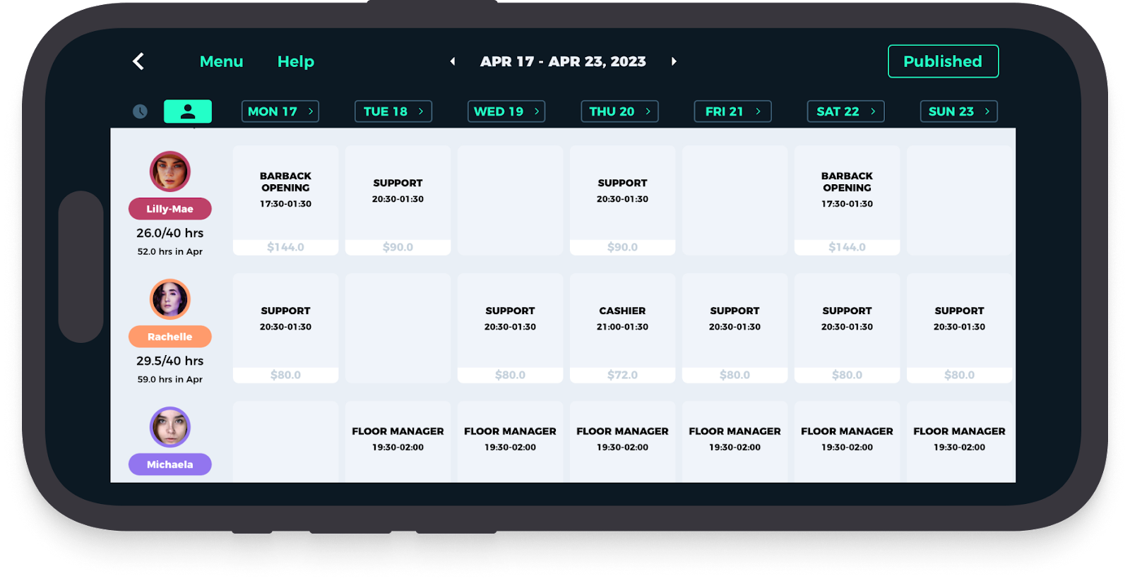 Blend App Weekly Schedule View